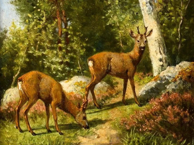 1829-Georges Jean-Baptiste Gassies - Due cervi nella foresta di Fontainebleau